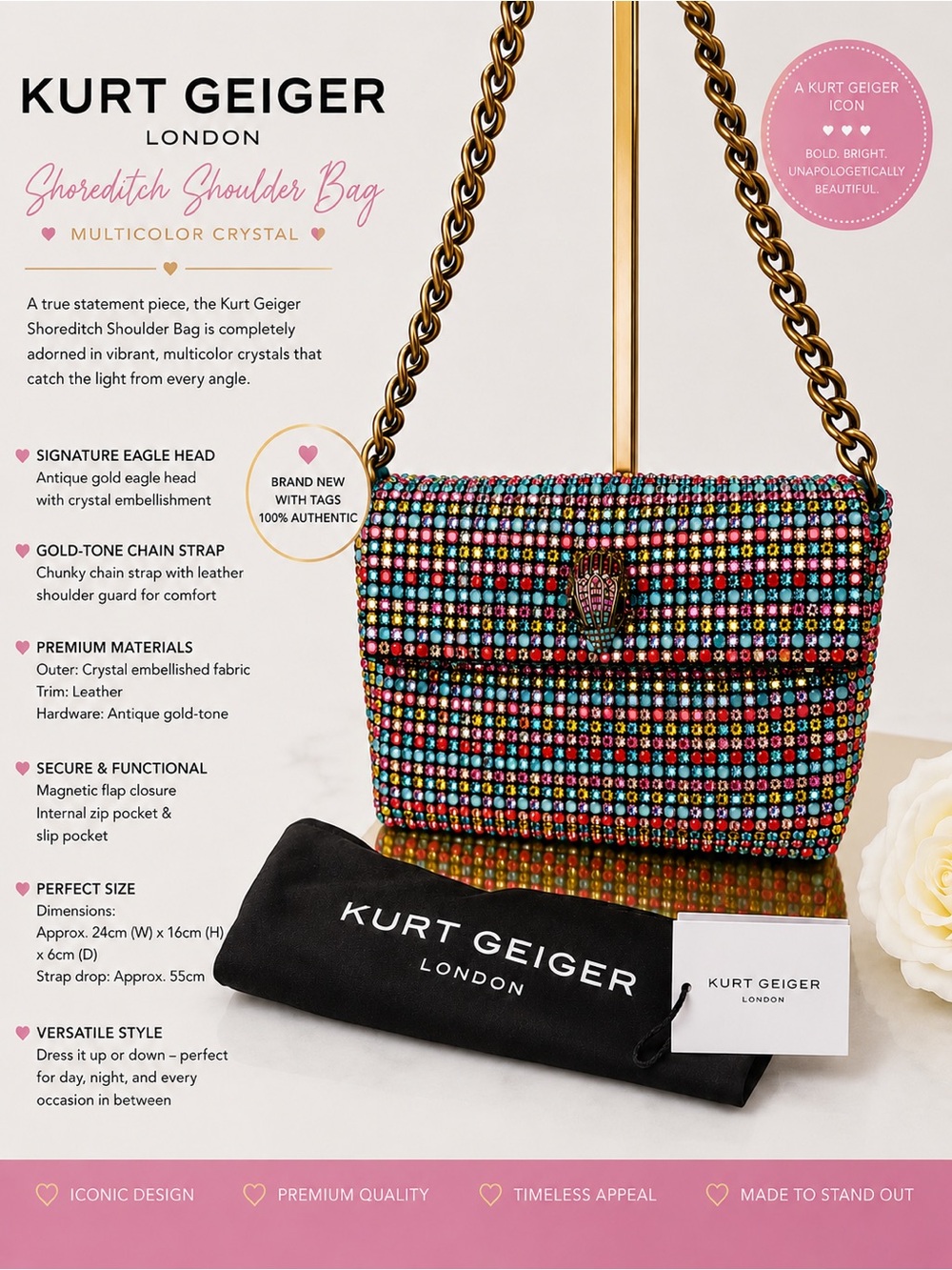 Kurt Geiger London Party Shoulder Bag with Multi-Color Crystals Dusty Included!